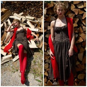 For Love & Lemons University Plaid Midi Dress Brown Drop Waist Size S NWT